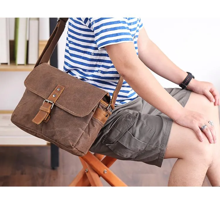 Canvas Leather Mens DSLR Camera Bag Side Bag Green Small Messenger Bag for Men
