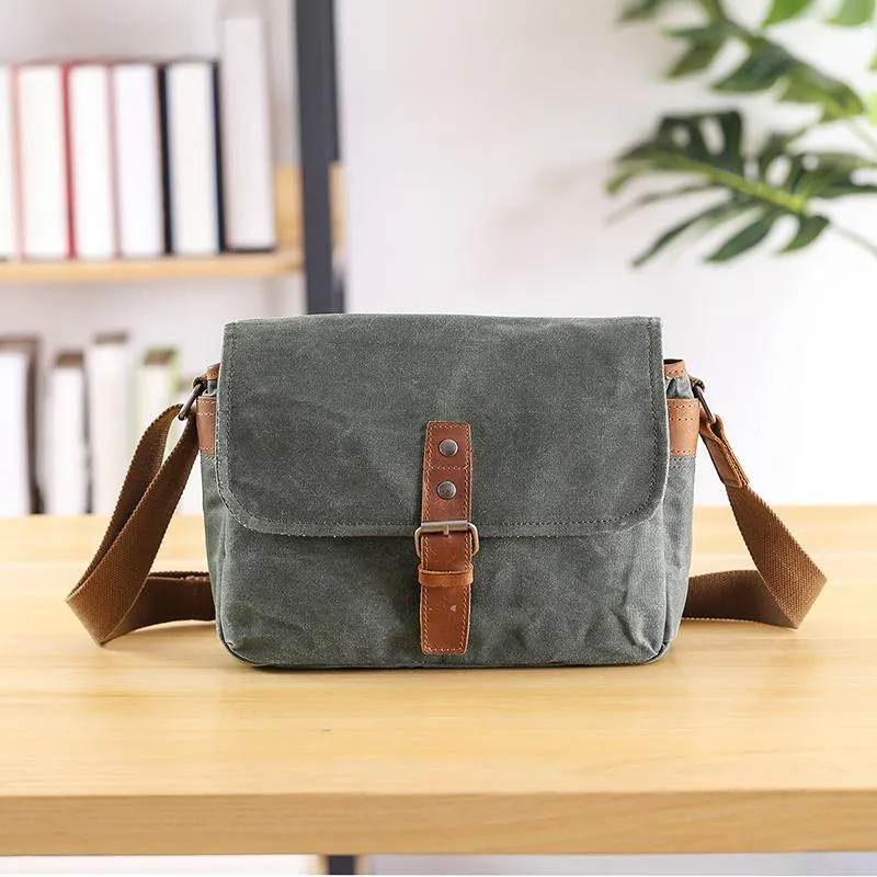Canvas Leather Mens DSLR Camera Bag Side Bag Green Small Messenger Bag for Men