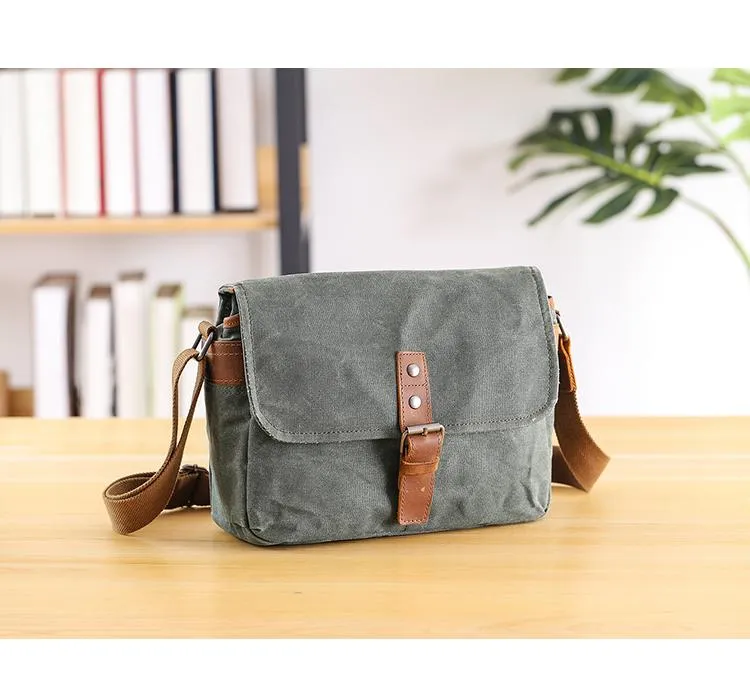 Canvas Leather Mens DSLR Camera Bag Side Bag Green Small Messenger Bag for Men