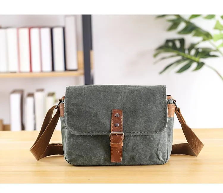Canvas Leather Mens DSLR Camera Bag Side Bag Green Small Messenger Bag for Men