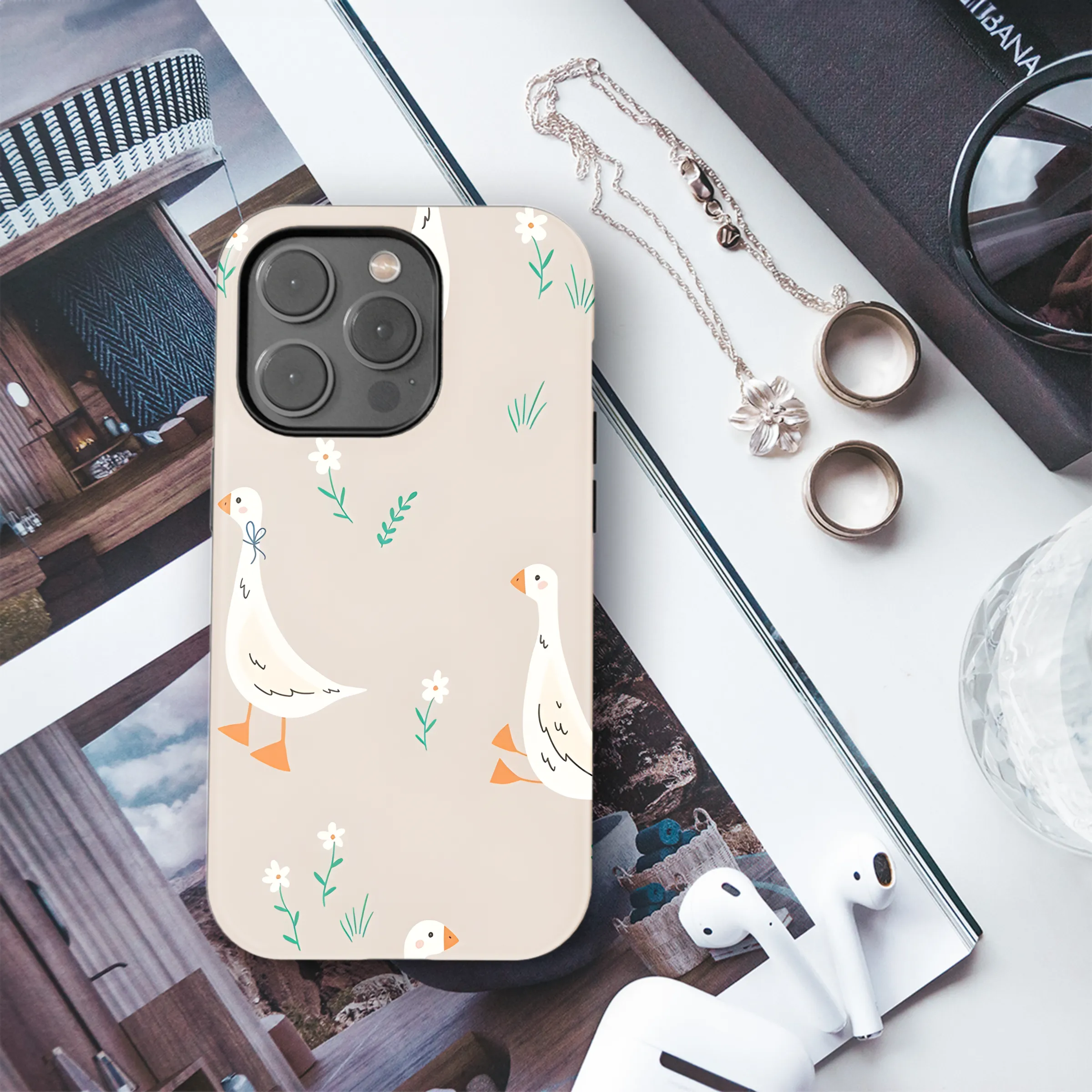 Cartoon Goose and Flowers Phone Case iPhone Samsung Cover Pixel 2676