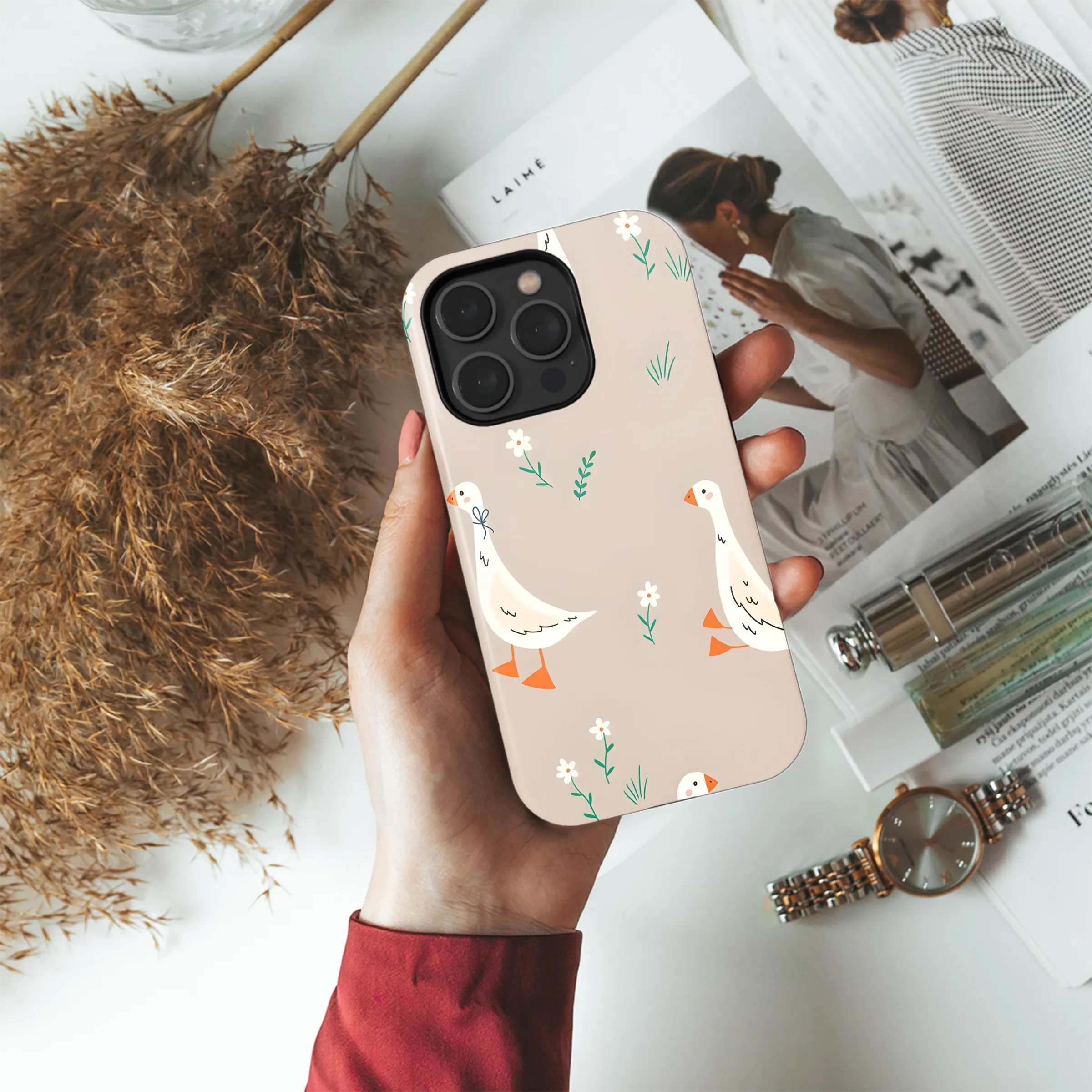 Cartoon Goose and Flowers Phone Case iPhone Samsung Cover Pixel 2676