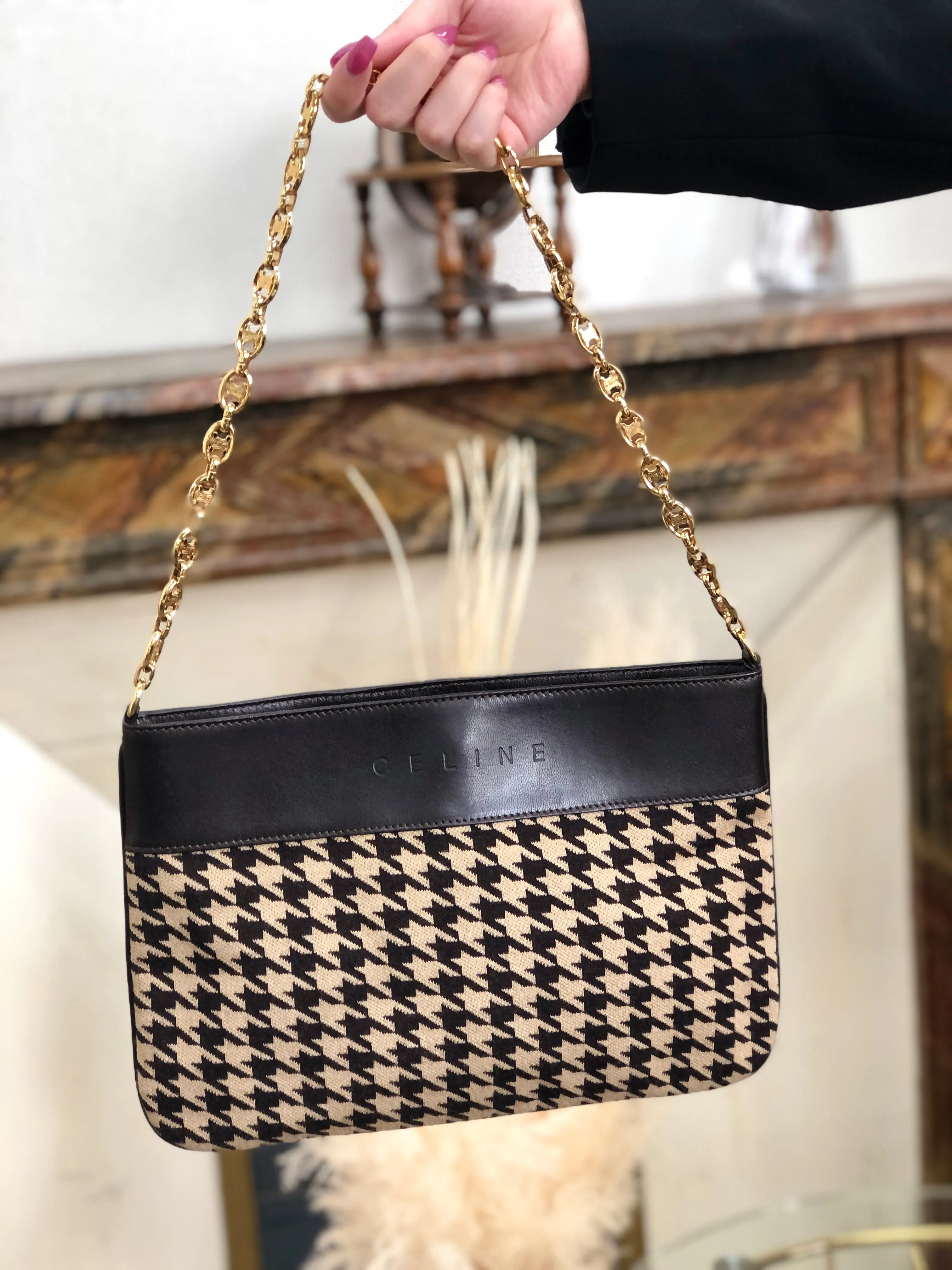 CELINE Triomphe Chain Houndstooth Fabric Leather Handbag Chain Shoulder bag Beige Brown Vintage f8gihb