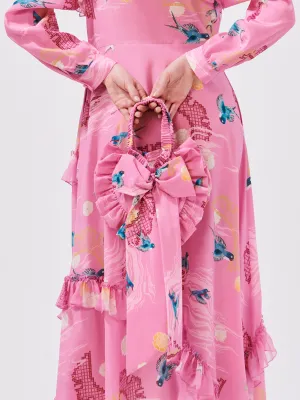 Charming Birds Pink Silk Heart Shape Bag
