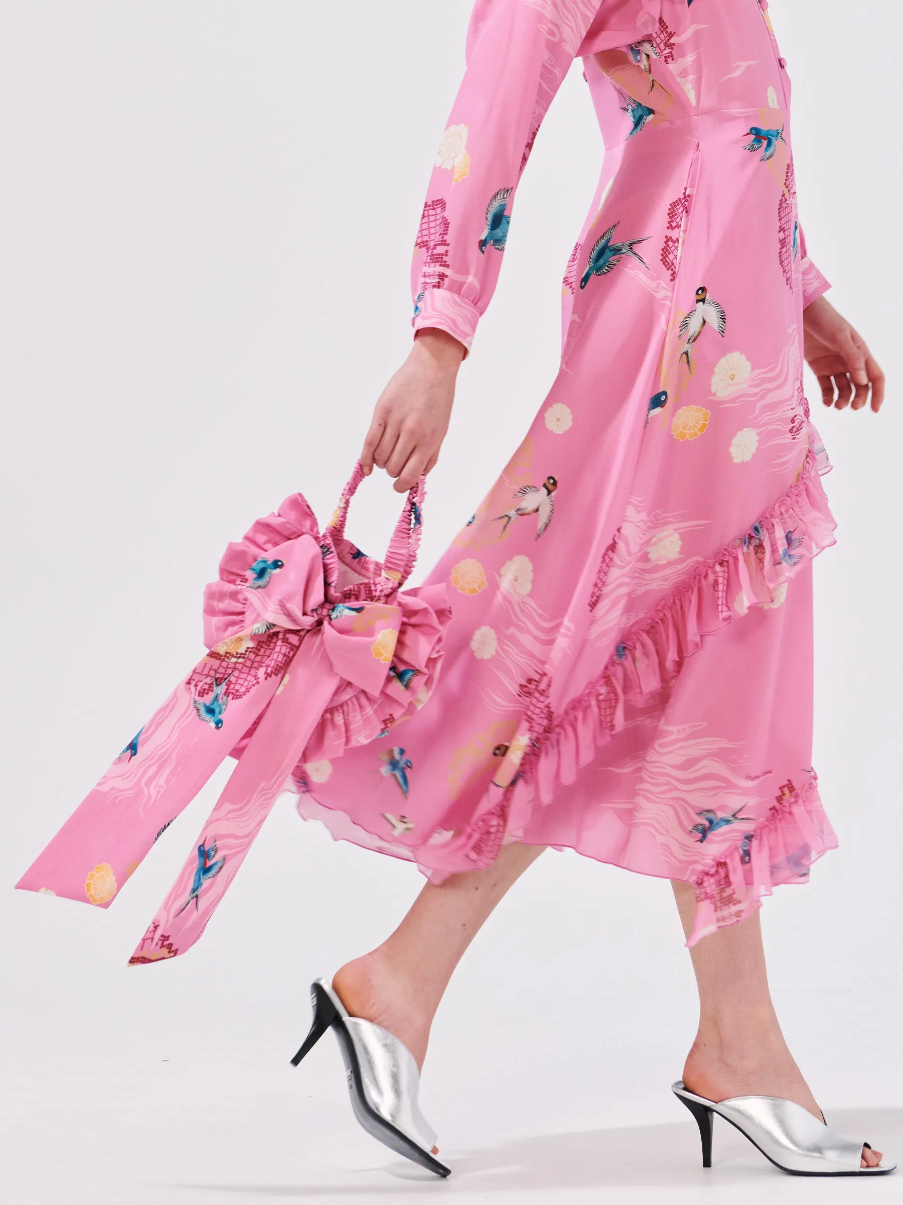 Charming Birds Pink Silk Heart Shape Bag