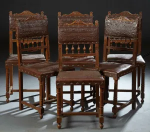 Charming Set of Six French Carved Oak Henri II Style Dining, 19th century ( 1800s )