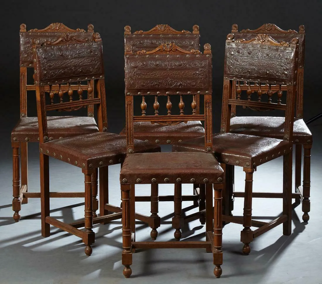 Charming Set of Six French Carved Oak Henri II Style Dining, 19th century ( 1800s )