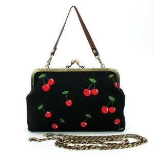 Cherry Kisslock Handbag in Linen   Cotton blend fabric: BLACK