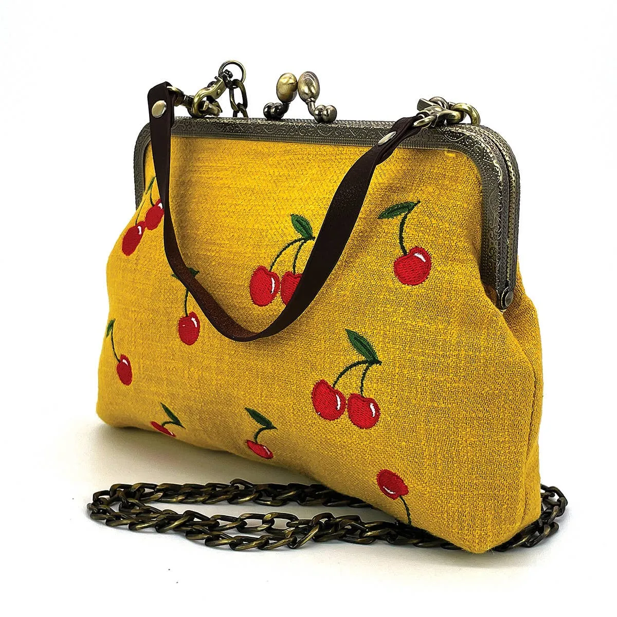 Cherry Kisslock Handbag in Linen   Cotton blend fabric: BLACK