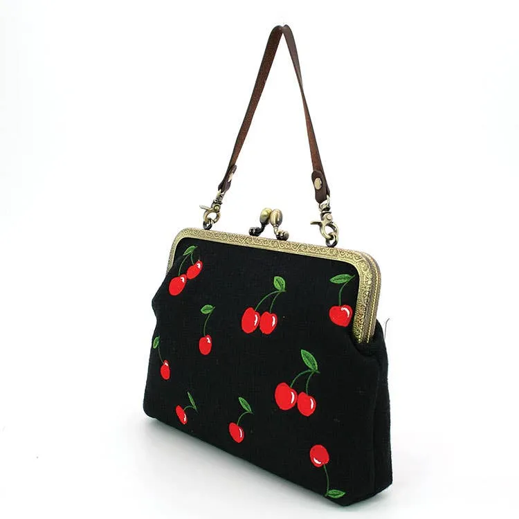 Cherry Kisslock Handbag in Linen   Cotton blend fabric: BLACK