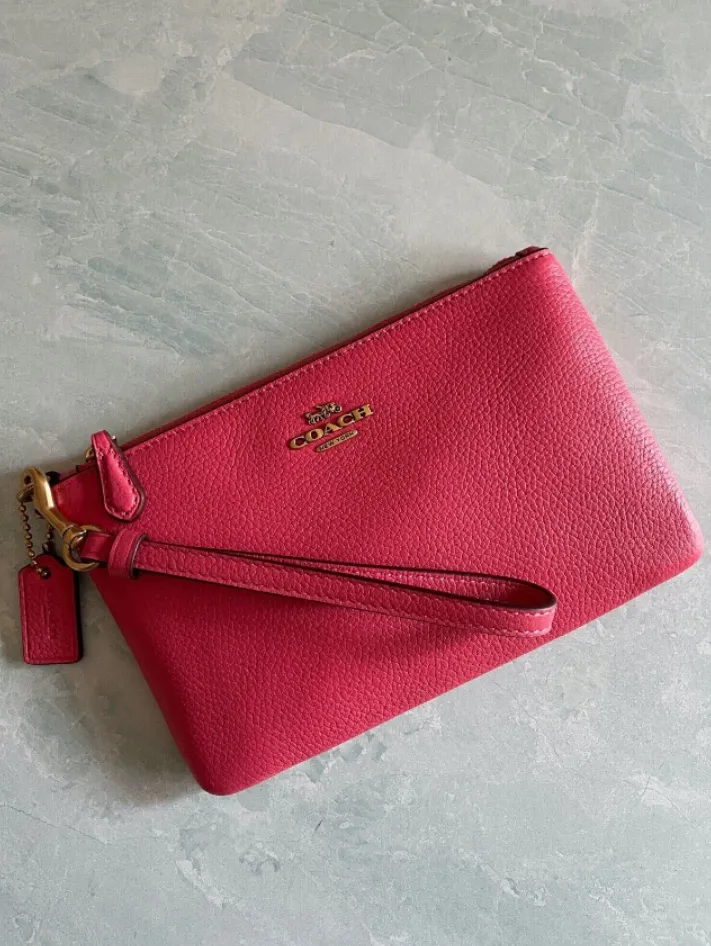 Coach Wristlet Small Wallet Pebbled Leather Zip Handbag Watermelon Pink Bag NEW
