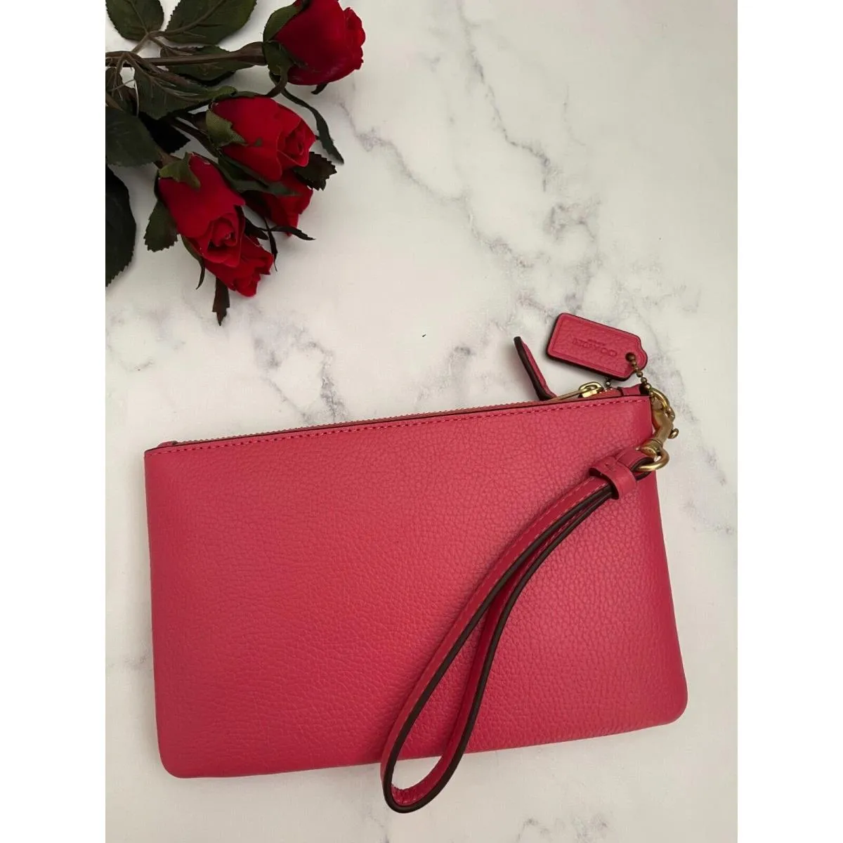 Coach Wristlet Small Wallet Pebbled Leather Zip Handbag Watermelon Pink Bag NEW
