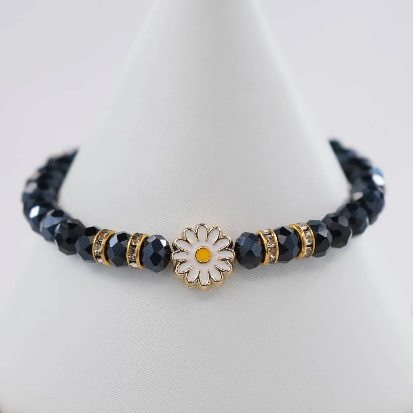 Crystal Beaded Bracelet with Daisy Charm - 7 Color Options