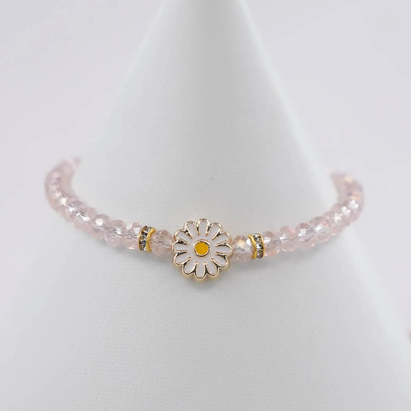 Crystal Beaded Bracelet with Daisy Charm - 7 Color Options