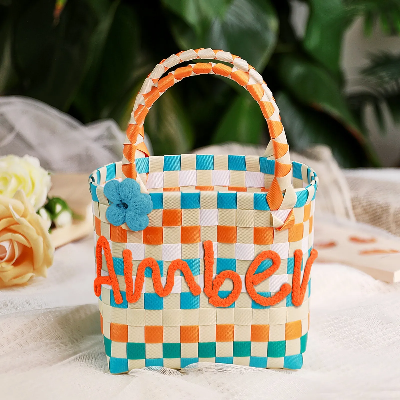 Custom Name Handbag Plastic Woven Basket Summer Fresh Color Matching Gift Basket Vegetable Basket Seaside Beach Bag