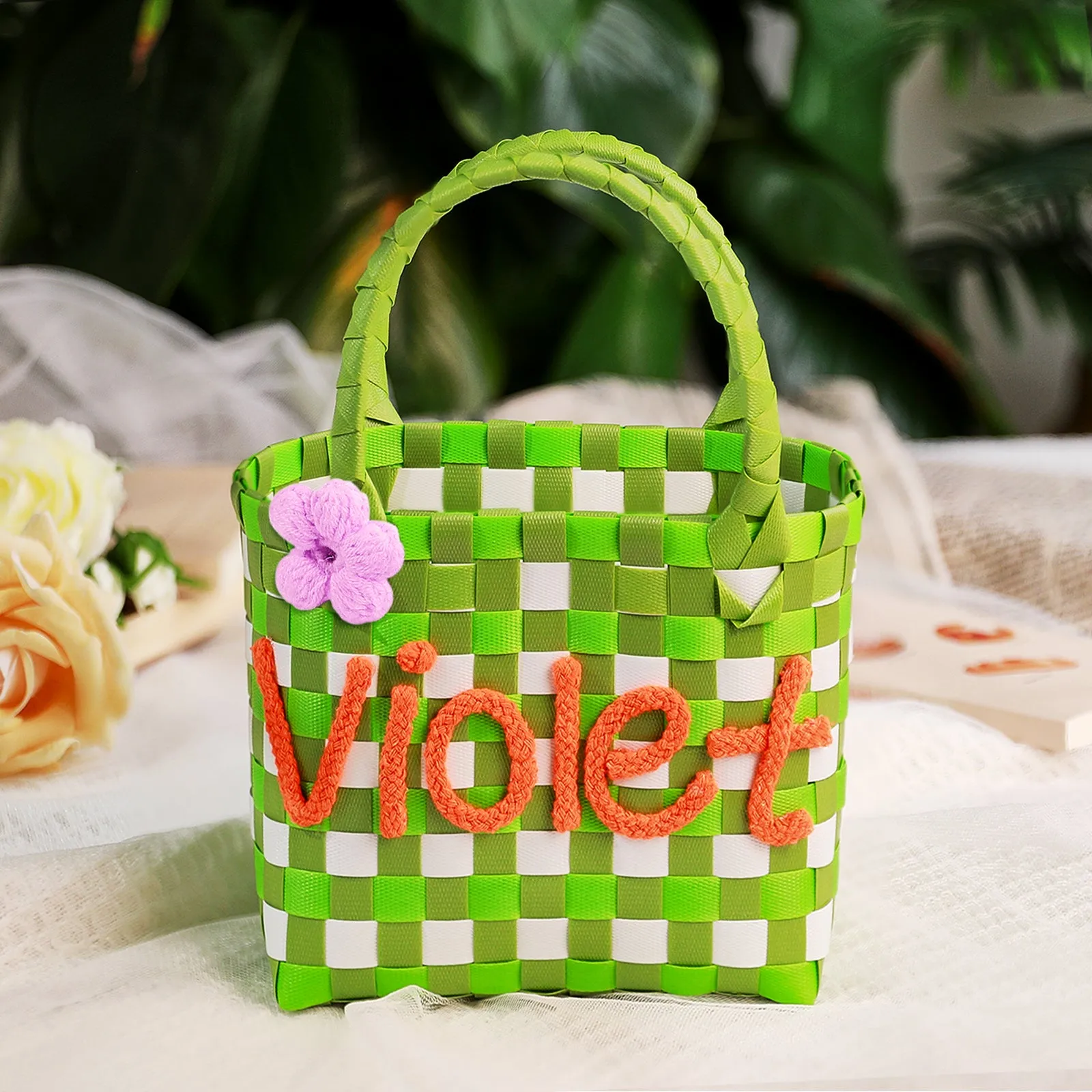 Custom Name Handbag Plastic Woven Basket Summer Fresh Color Matching Gift Basket Vegetable Basket Seaside Beach Bag