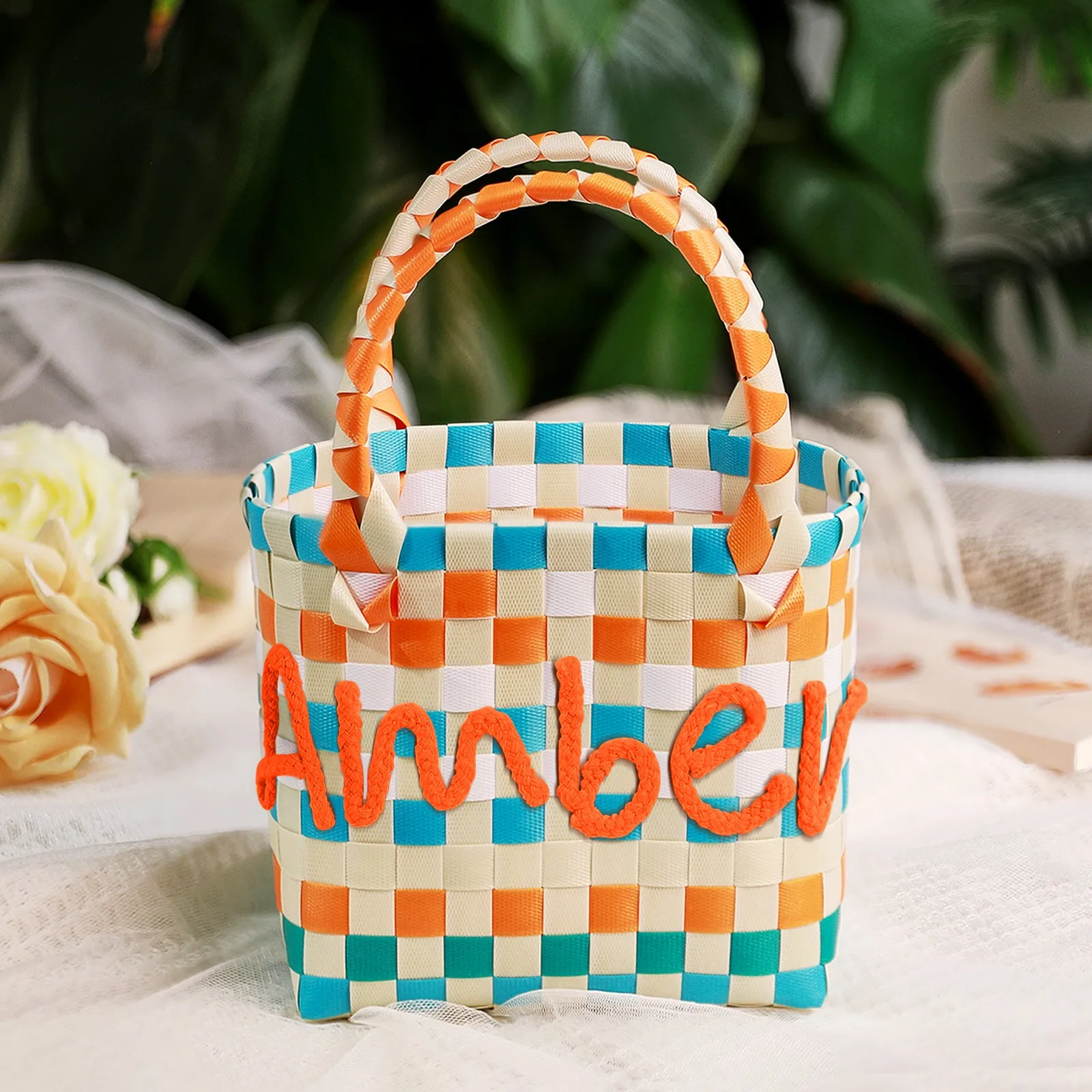 Custom Name Handbag Plastic Woven Basket Summer Fresh Color Matching Gift Basket Vegetable Basket Seaside Beach Bag