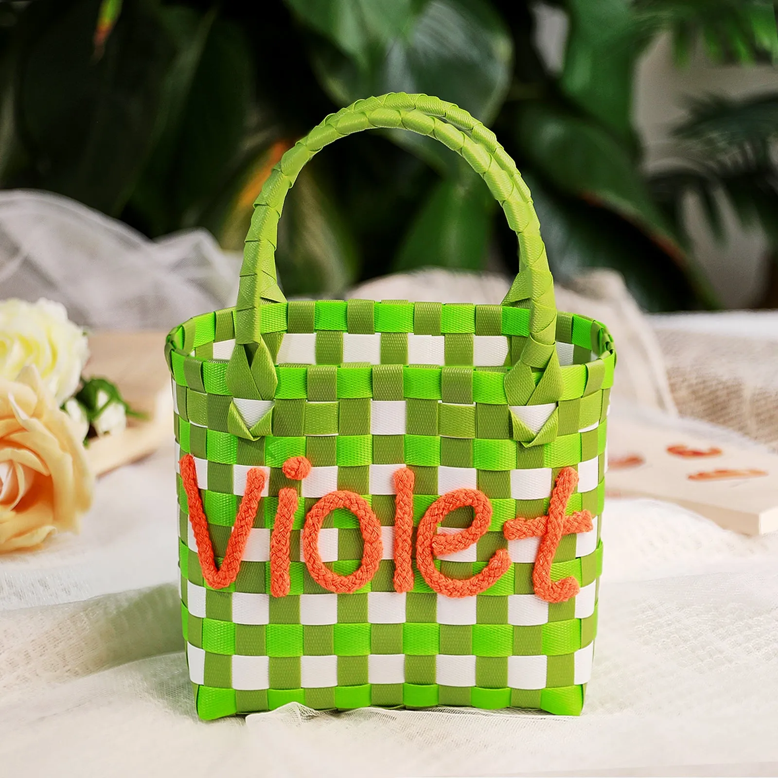 Custom Name Handbag Plastic Woven Basket Summer Fresh Color Matching Gift Basket Vegetable Basket Seaside Beach Bag