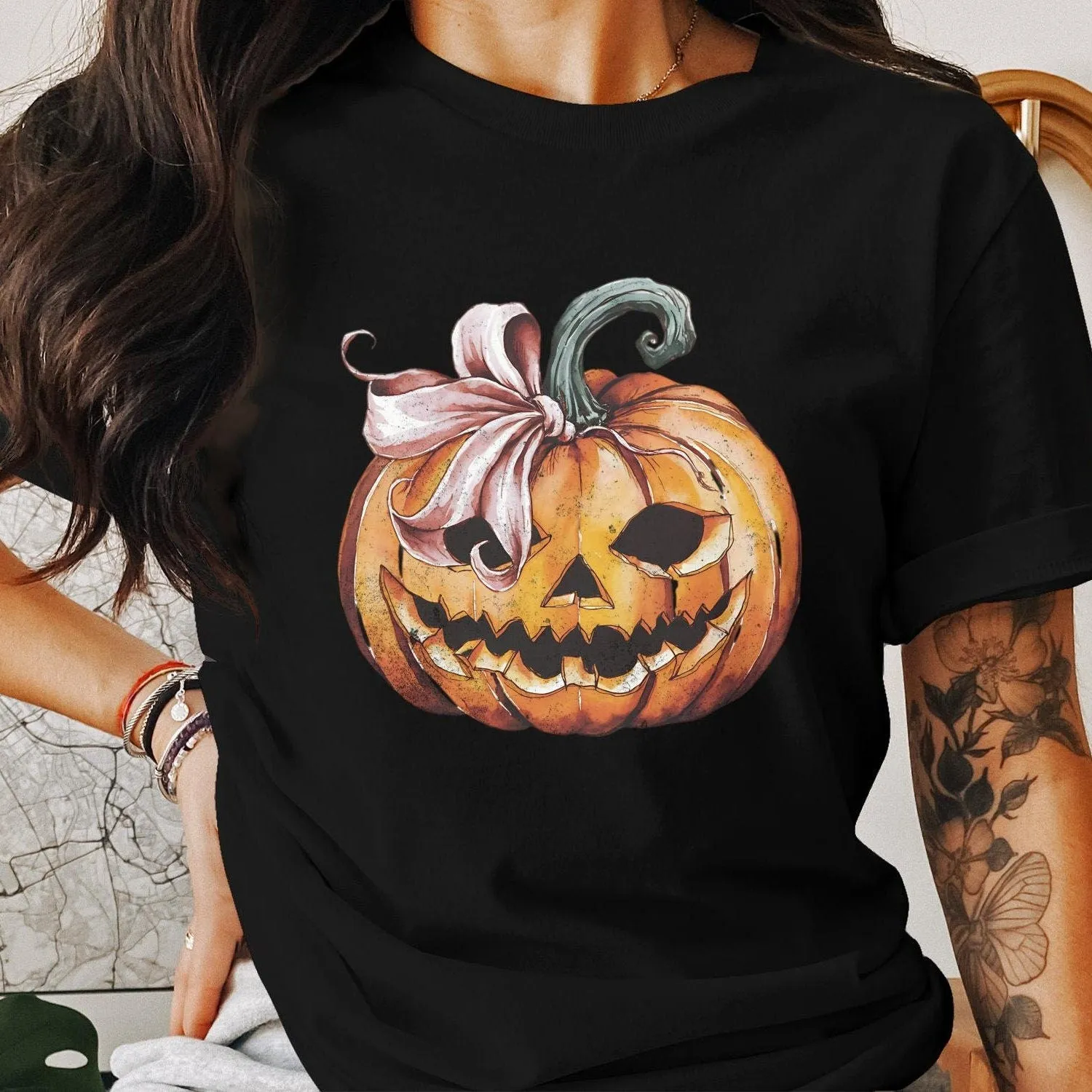 Cute Pumpkin T-Shirt, Coquette Fashion Graphic Tee, Women's Halloween Shirt, Trendy Fall Apparel, Spooky Season Sweatshirt