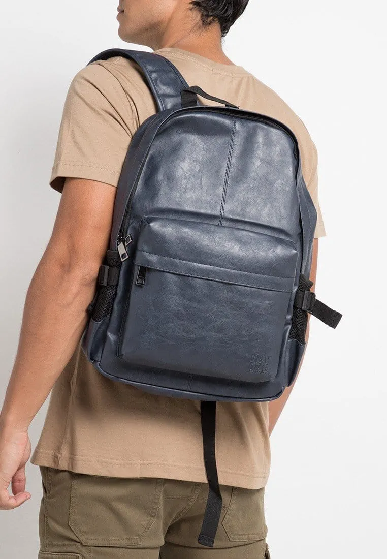 Distressed Leather Mesh Backpack - Navy