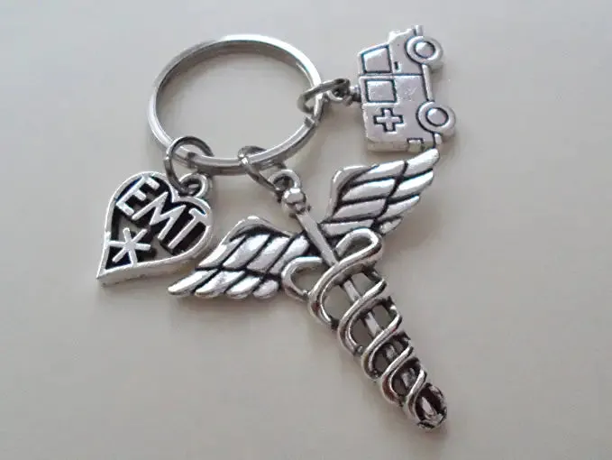 Emergency Medical Technician Keychain, EMT, Medical Symbol & Ambulance Charm Keychain