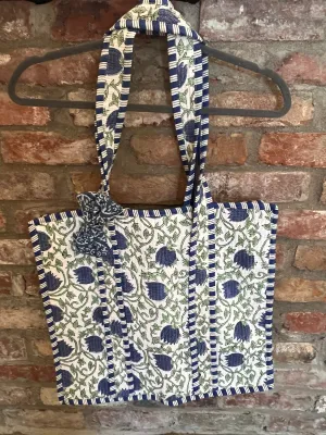 Farylina Mixed Floral Print Quilted Jane Tote Bag in Blue and Green