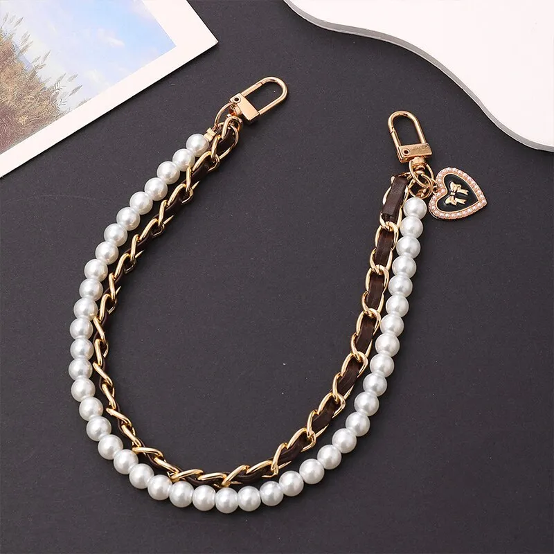 Fashion Pearl Chain Strap For Handbag Short Bag Chain With Pendant Double Layer Replacement Purse Handle Belt Diy Bag Accessory