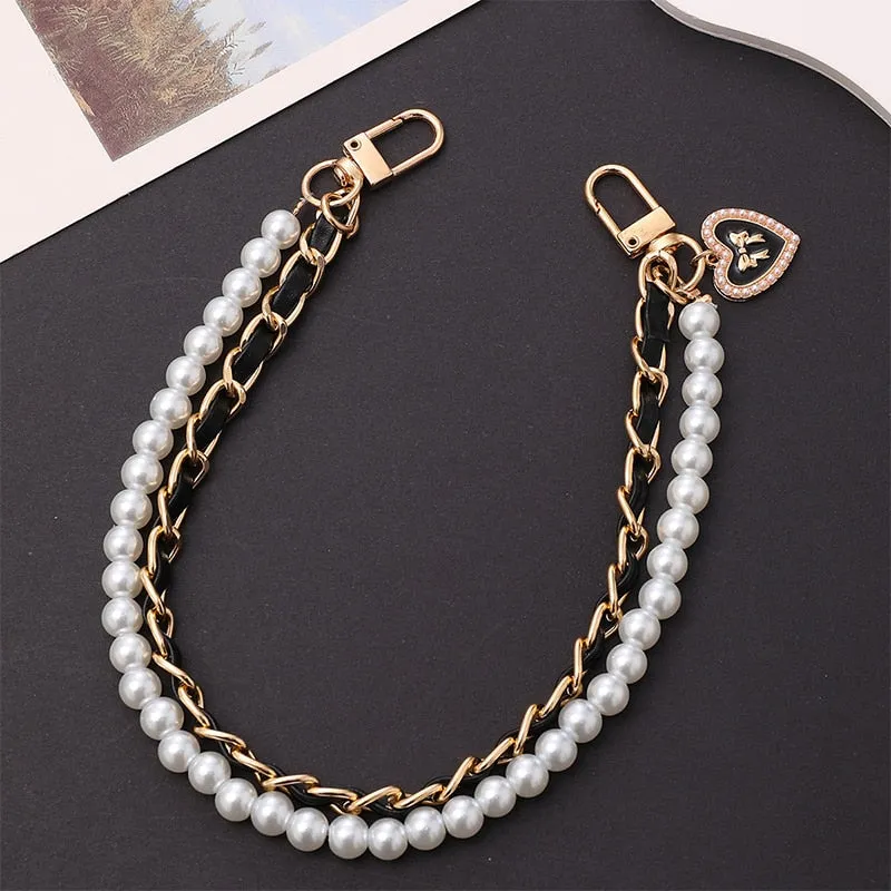 Fashion Pearl Chain Strap For Handbag Short Bag Chain With Pendant Double Layer Replacement Purse Handle Belt Diy Bag Accessory