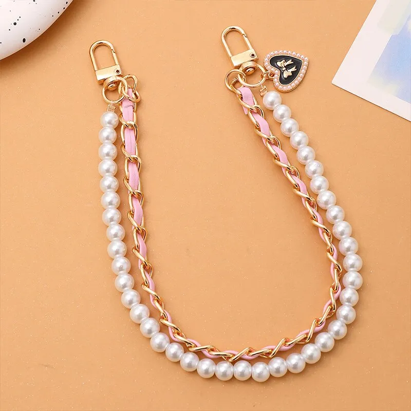 Fashion Pearl Chain Strap For Handbag Short Bag Chain With Pendant Double Layer Replacement Purse Handle Belt Diy Bag Accessory