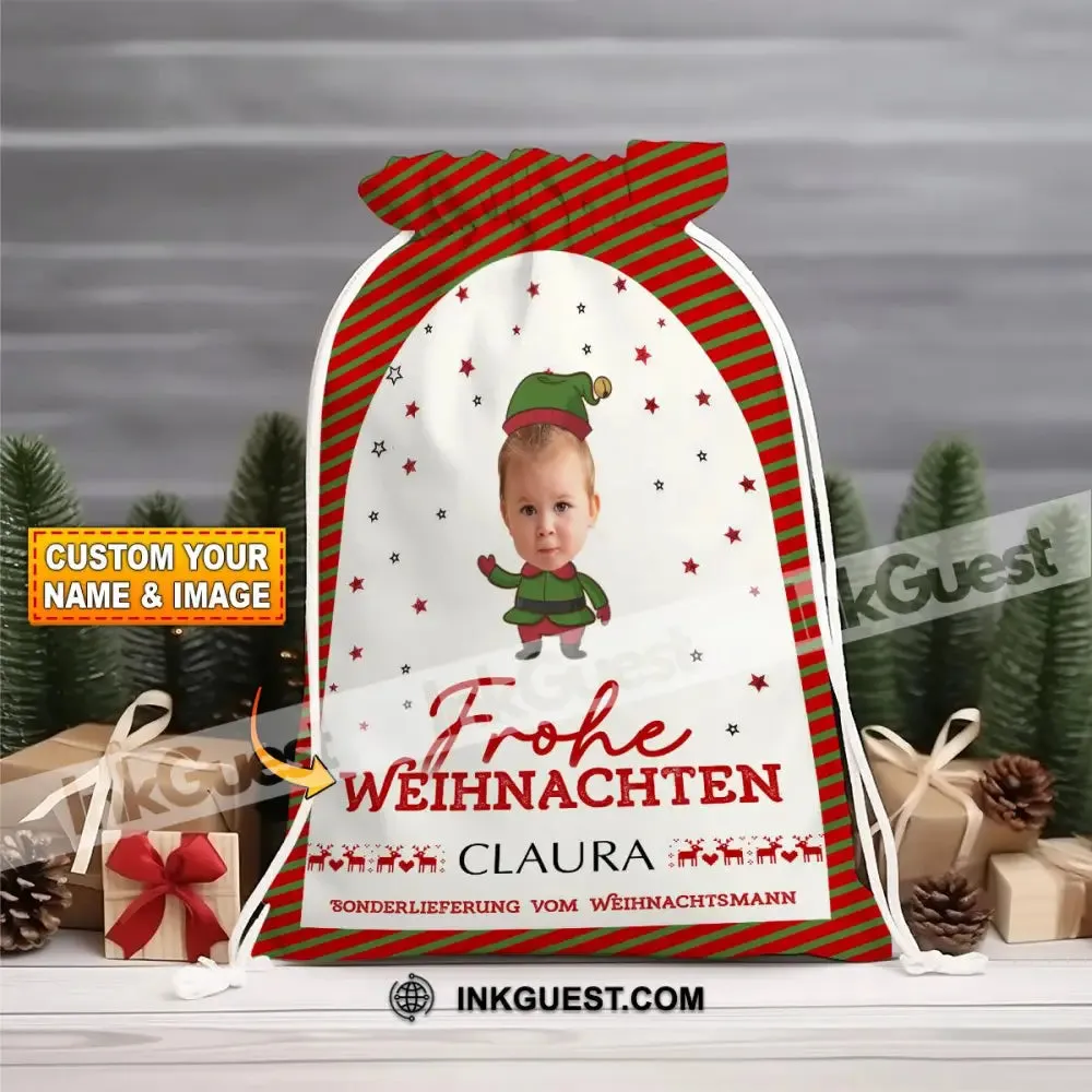 Frohe Weihnachten Custom Photo And Text, Personalized String Bag, Christmas Gift