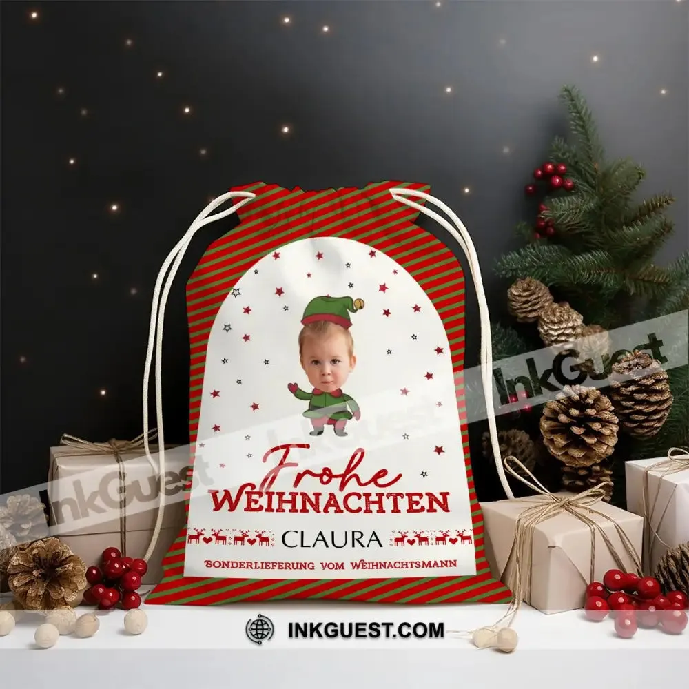 Frohe Weihnachten Custom Photo And Text, Personalized String Bag, Christmas Gift