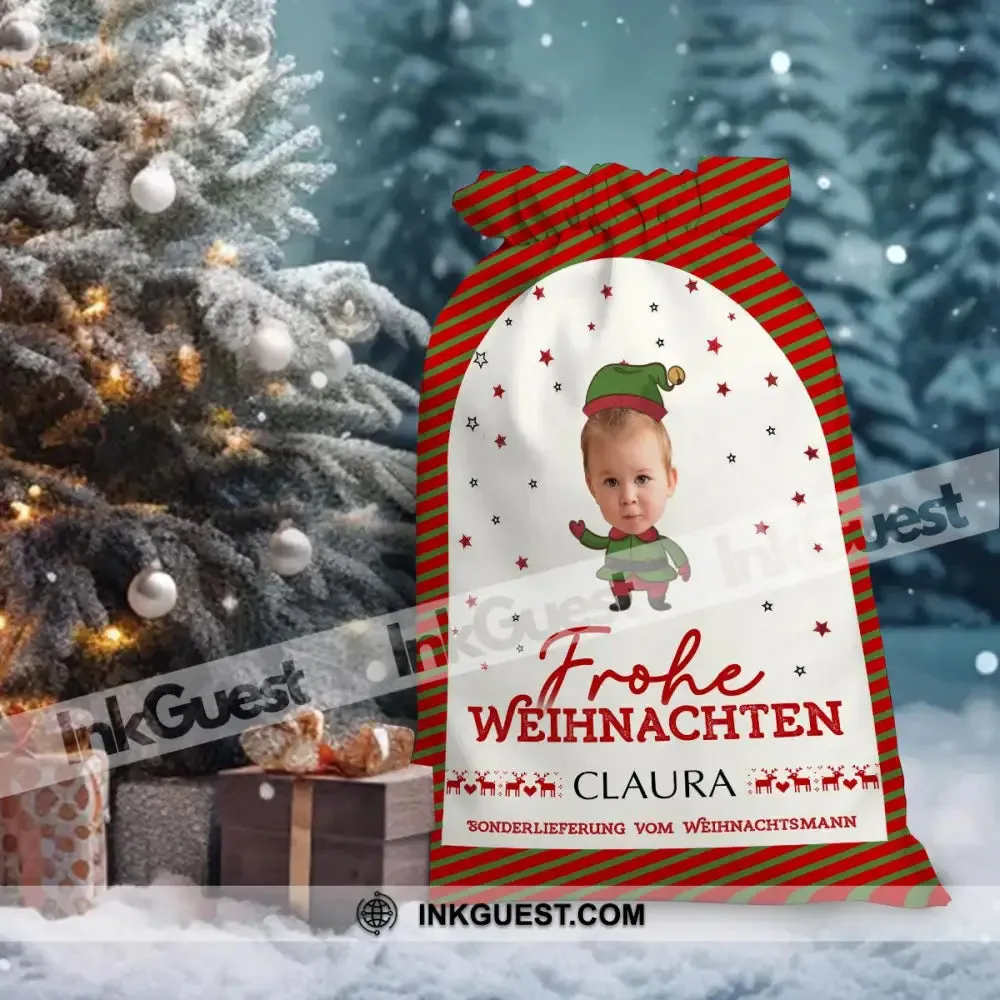Frohe Weihnachten Custom Photo And Text, Personalized String Bag, Christmas Gift