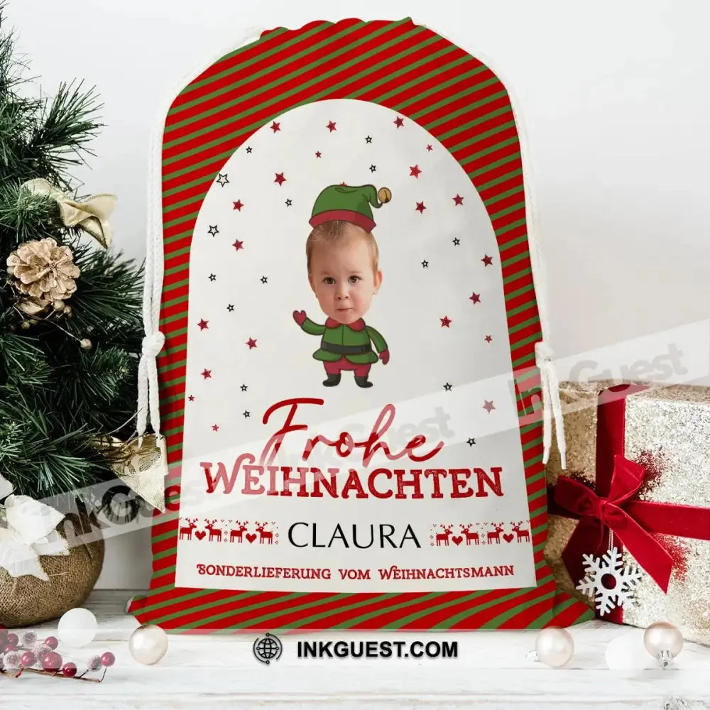 Frohe Weihnachten Custom Photo And Text, Personalized String Bag, Christmas Gift