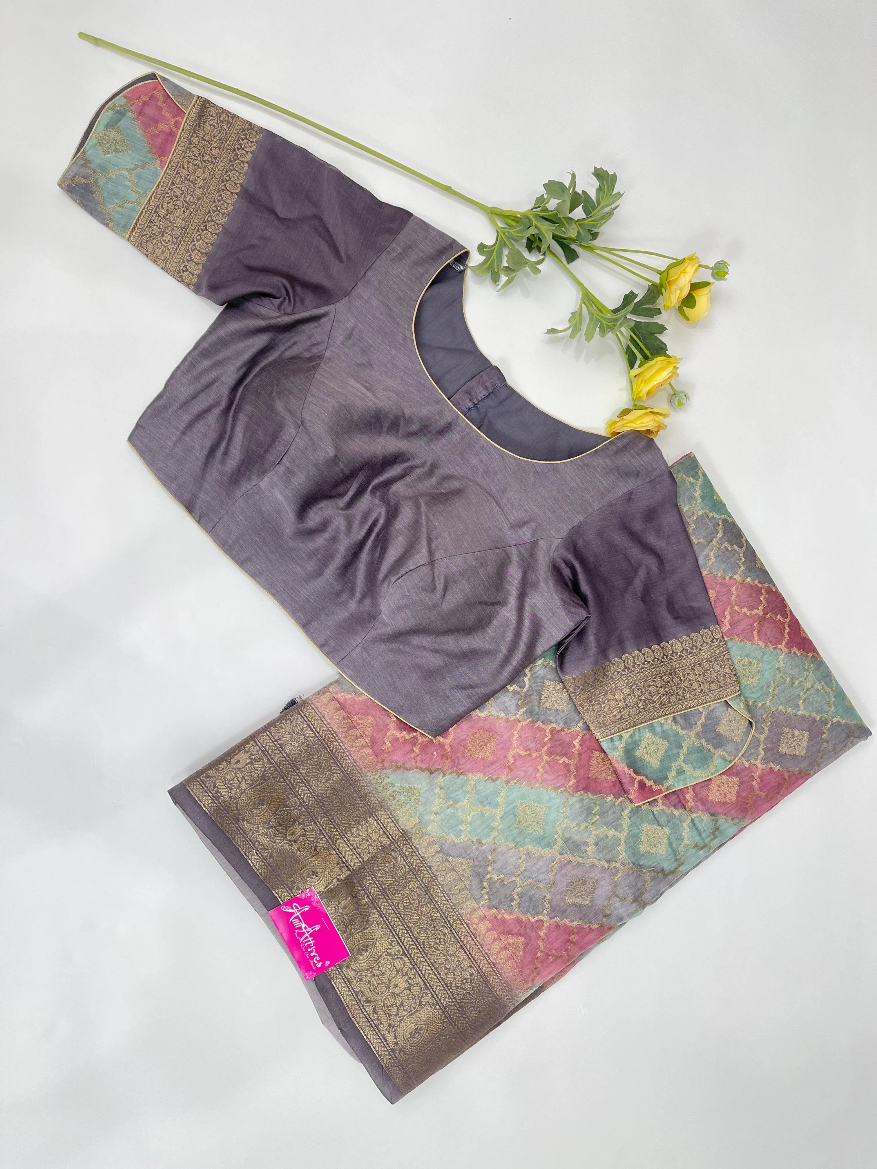Grey, Blue, Pink Chanderi Silk Saree