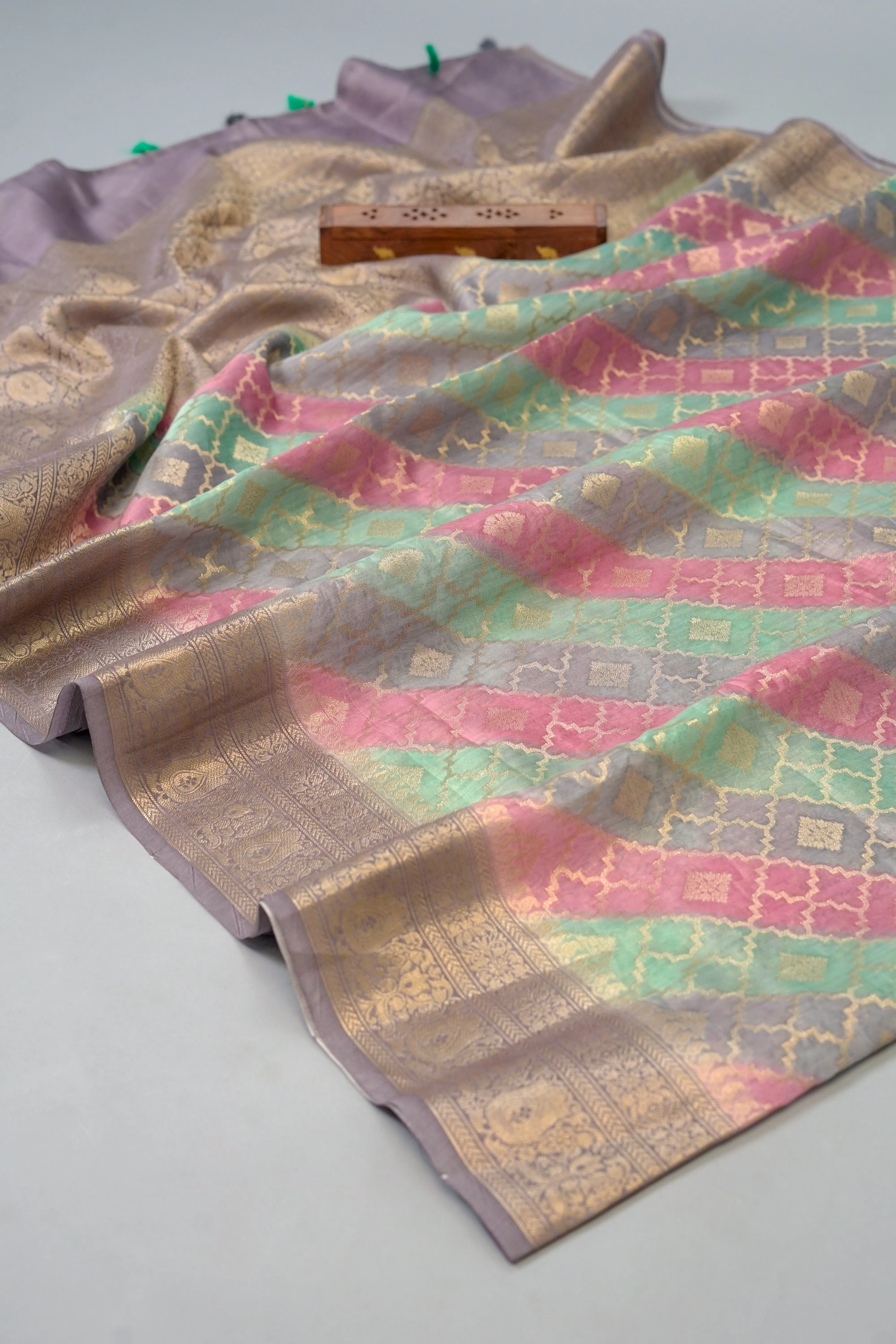 Grey, Blue, Pink Chanderi Silk Saree