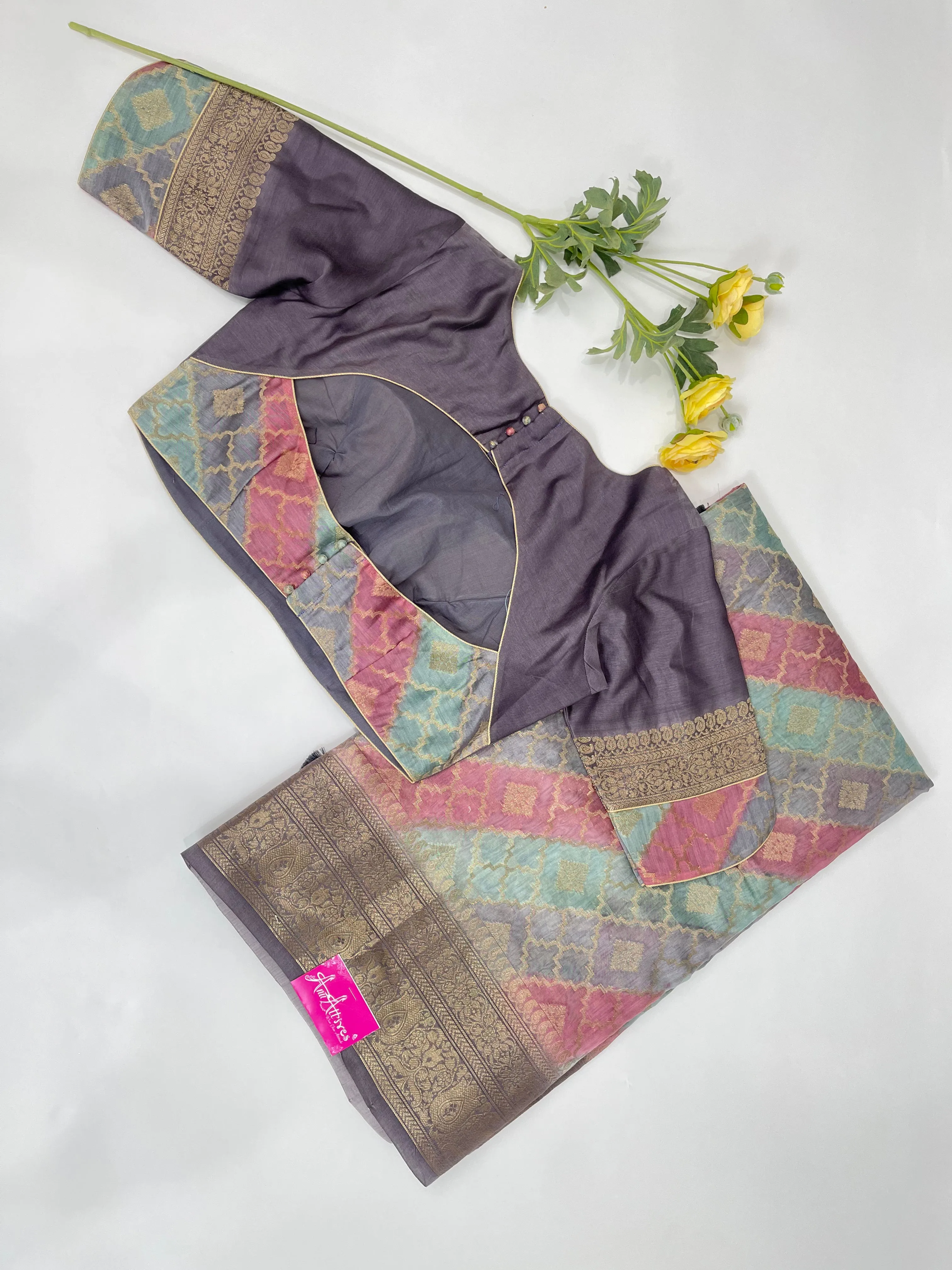 Grey, Blue, Pink Chanderi Silk Saree