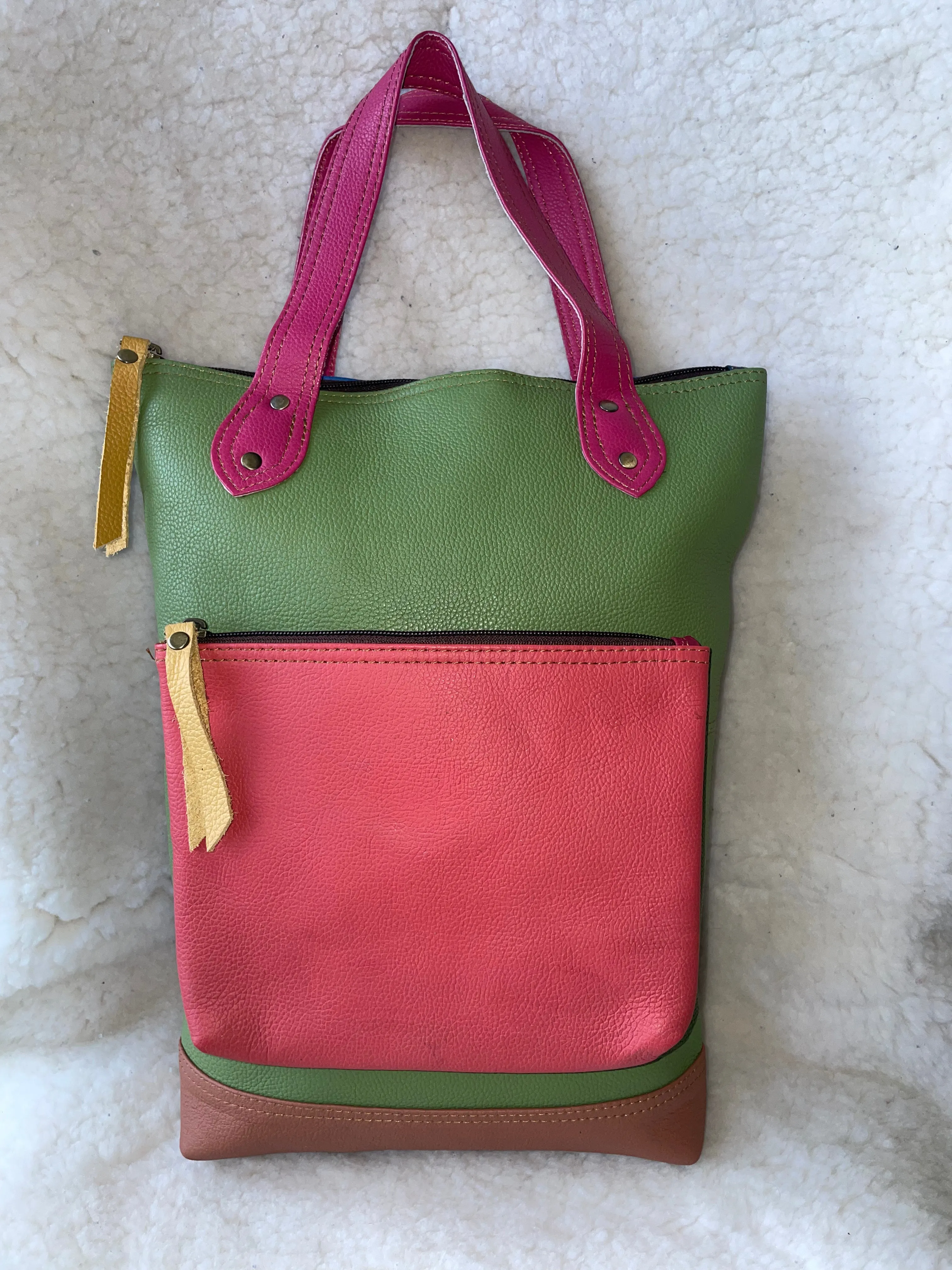 Handcrafted, Recycled Leather Backpack with Detachable Clutch.