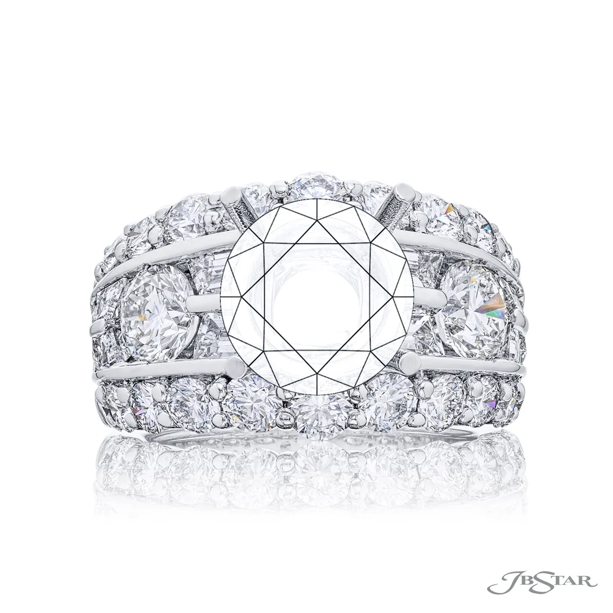 JB Star Platinum Wide Semi Mount Ring with Trapezoid and Round Diamonds
