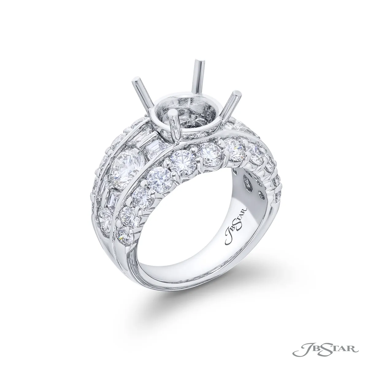 JB Star Platinum Wide Semi Mount Ring with Trapezoid and Round Diamonds