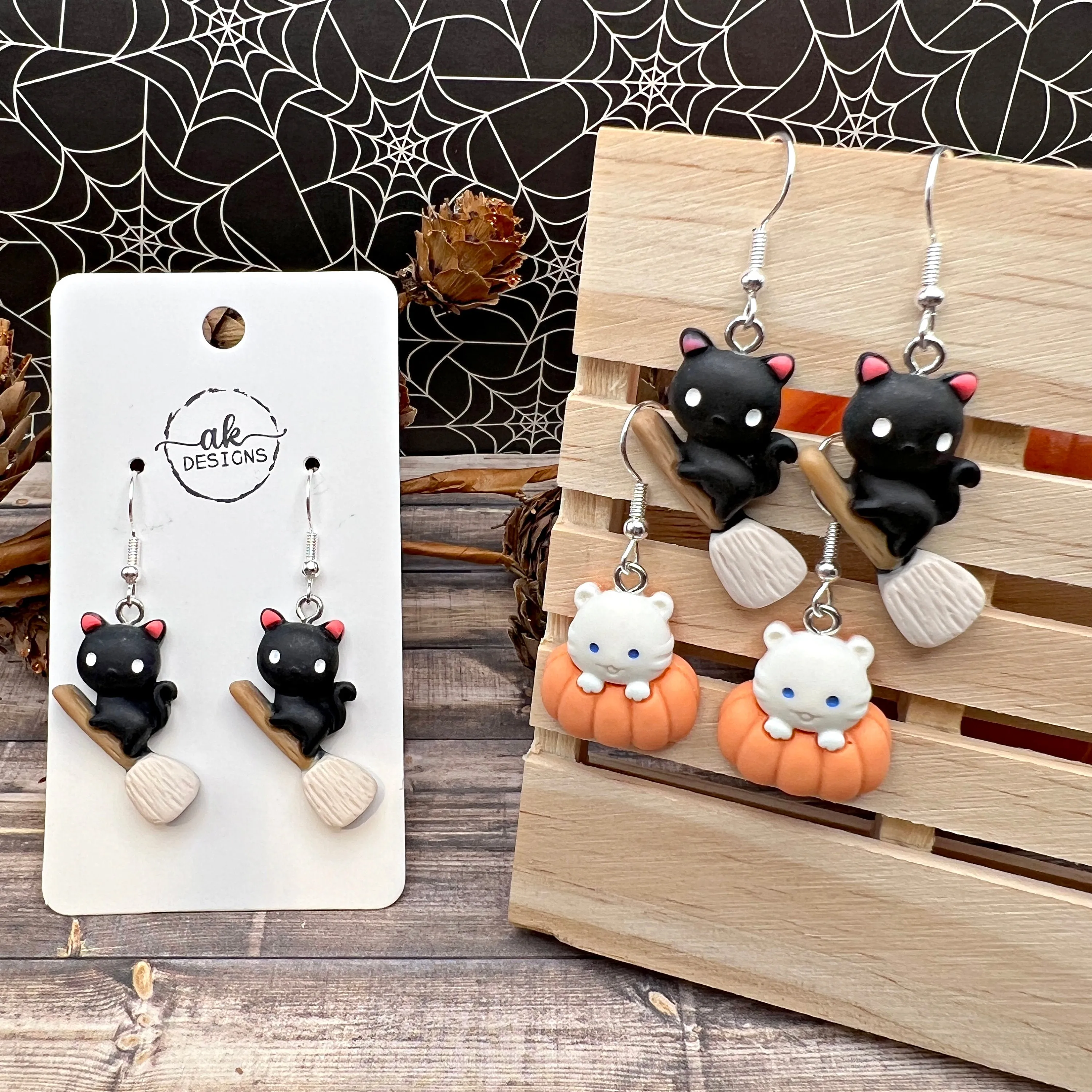 Kitty Pumpkin or Broomstick Cat, Halloween Spooky Season, Silver/Silver-tone  Earrings, Hypoallergenic Gift