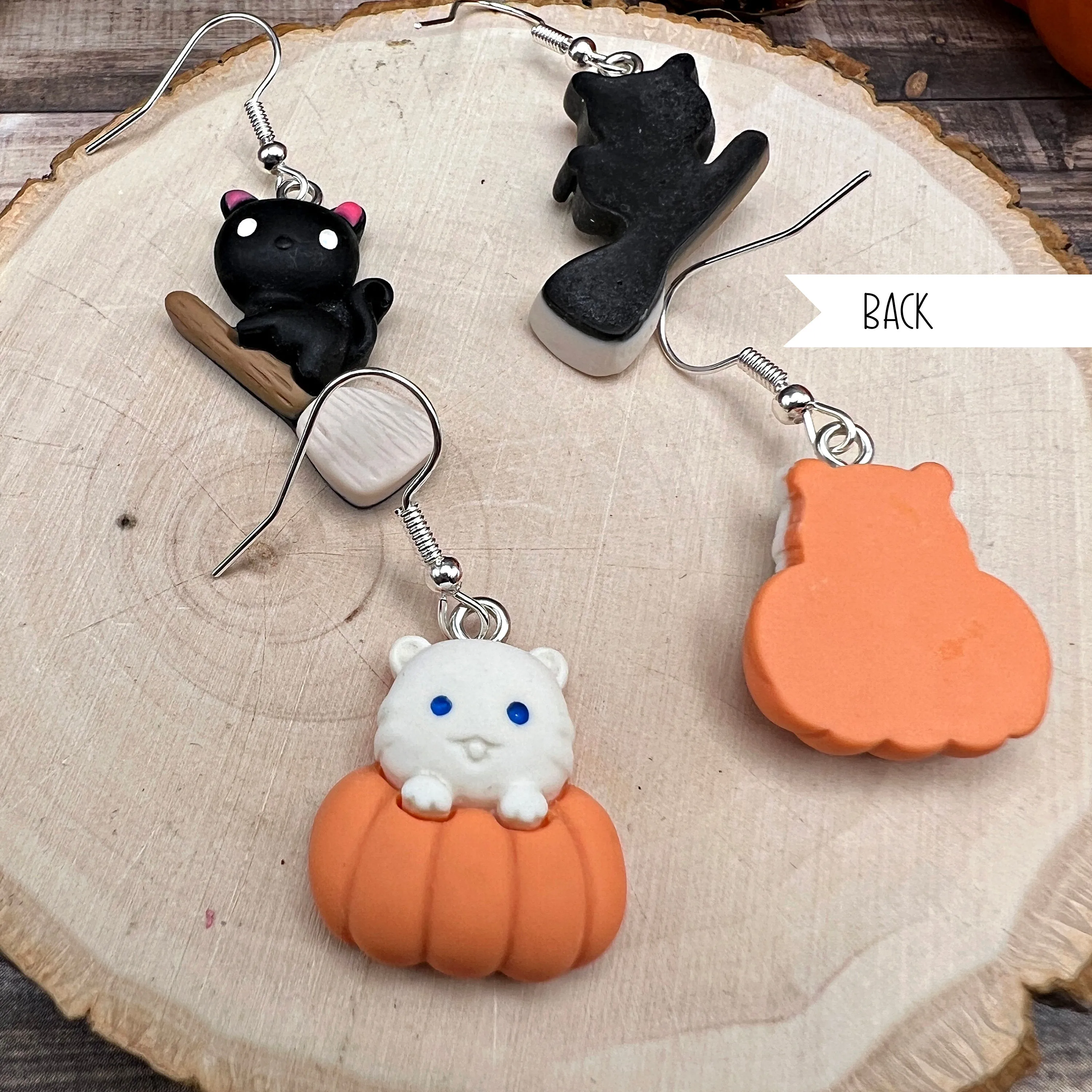 Kitty Pumpkin or Broomstick Cat, Halloween Spooky Season, Silver/Silver-tone  Earrings, Hypoallergenic Gift