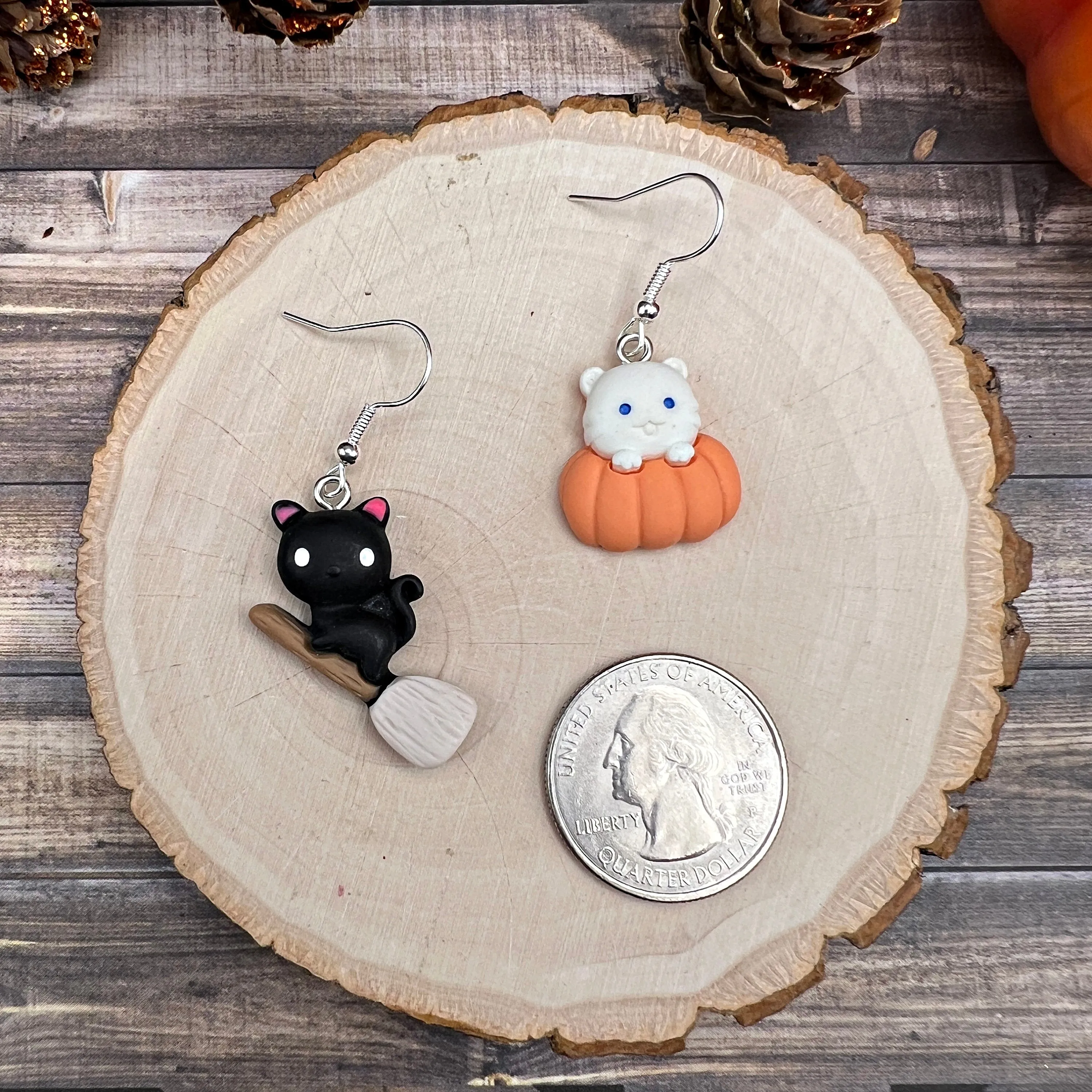 Kitty Pumpkin or Broomstick Cat, Halloween Spooky Season, Silver/Silver-tone  Earrings, Hypoallergenic Gift