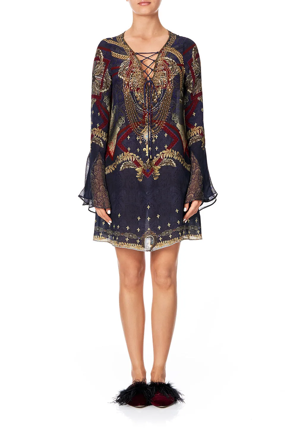 LACE UP SHIFT WITH FLARE SLEEVE THIS CHARMING WOMAN
