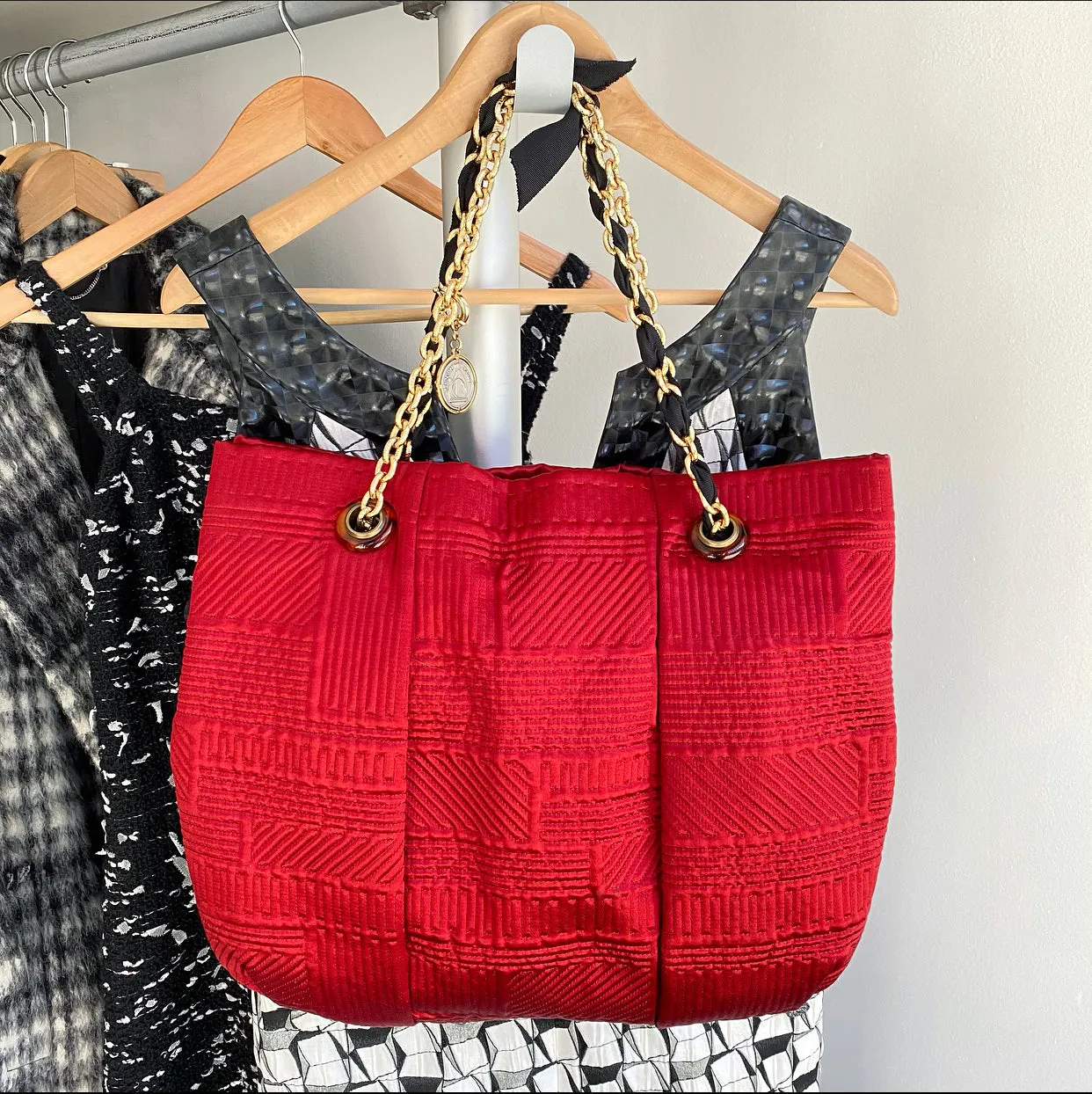 Lanvin Red Satin Quilted Chain Strap Tote Bag