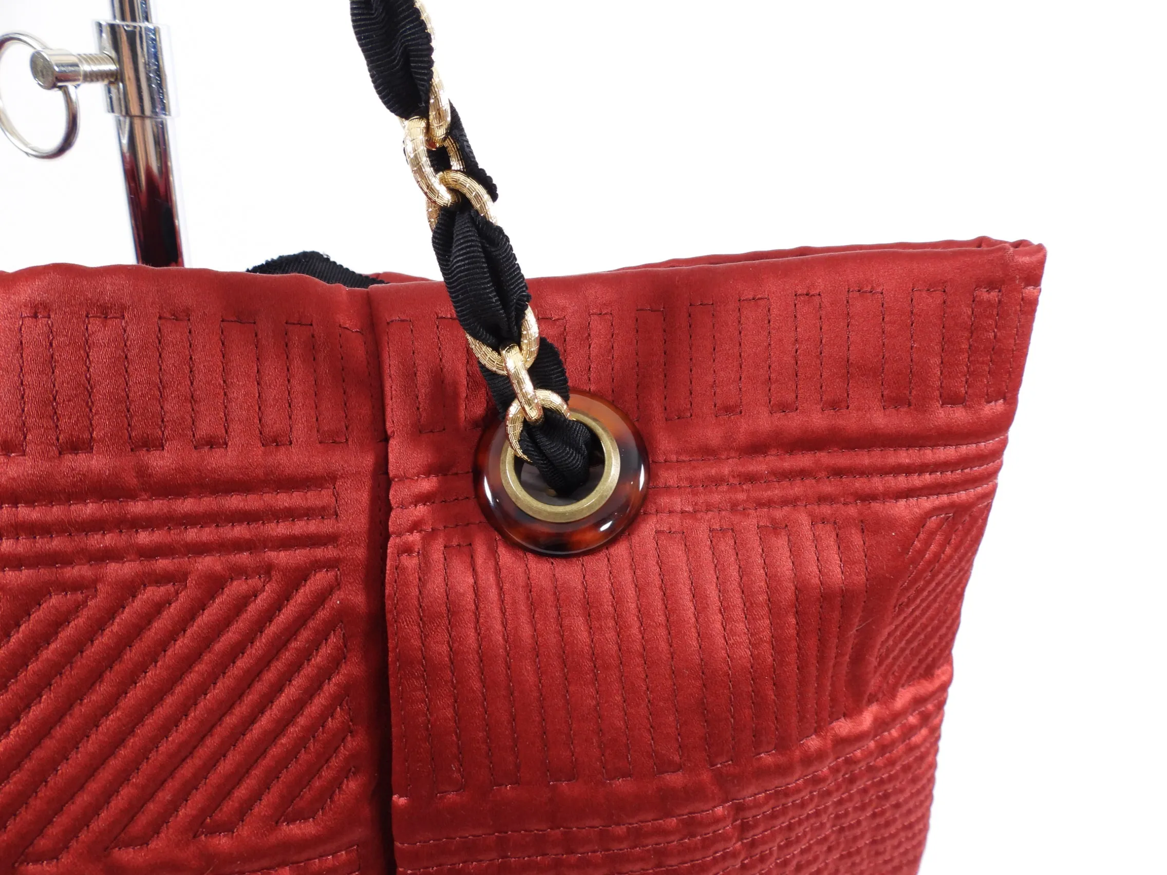 Lanvin Red Satin Quilted Chain Strap Tote Bag