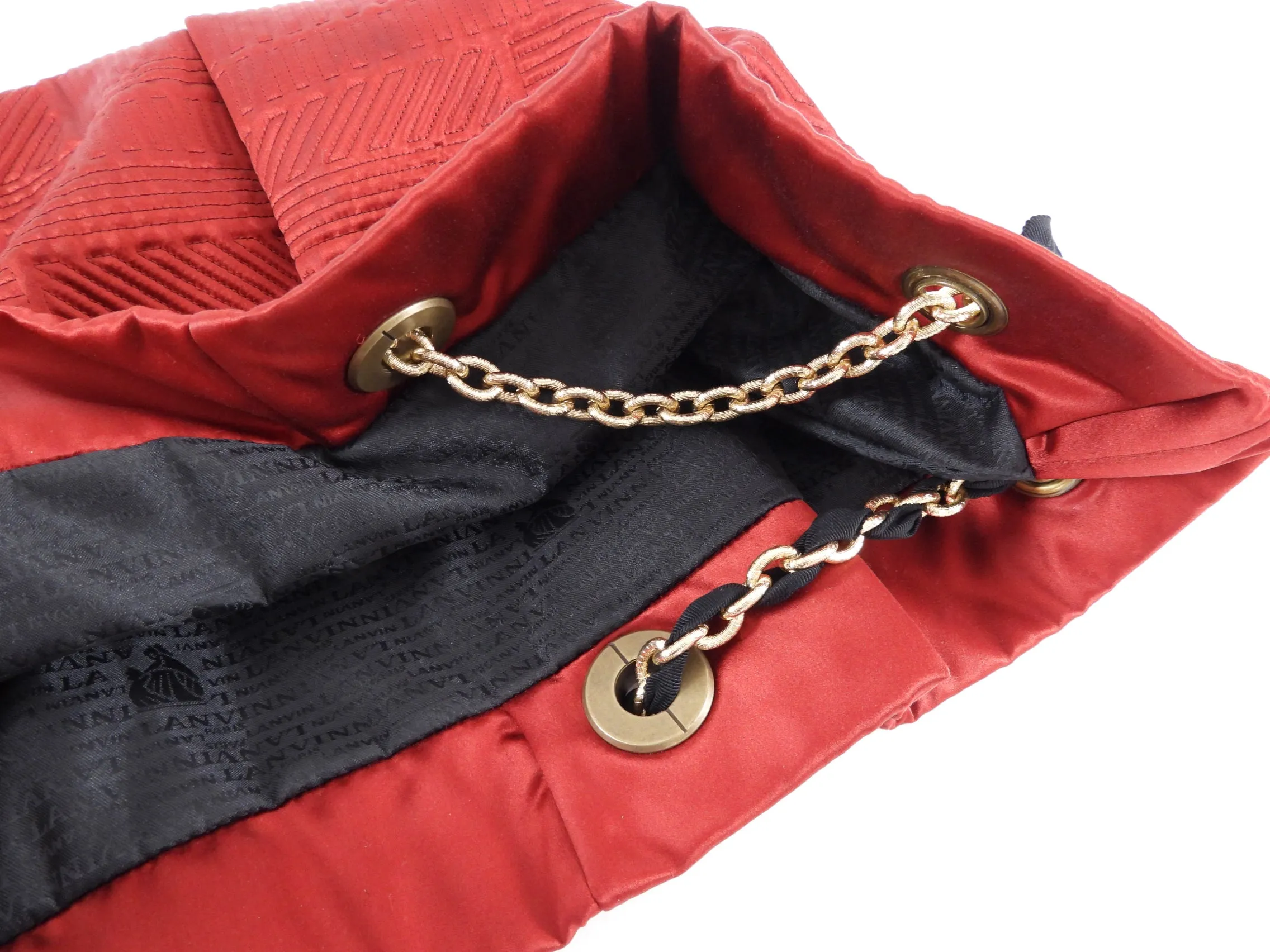 Lanvin Red Satin Quilted Chain Strap Tote Bag