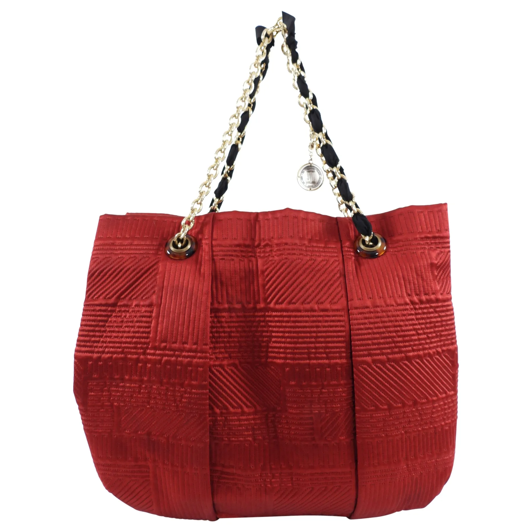 Lanvin Red Satin Quilted Chain Strap Tote Bag