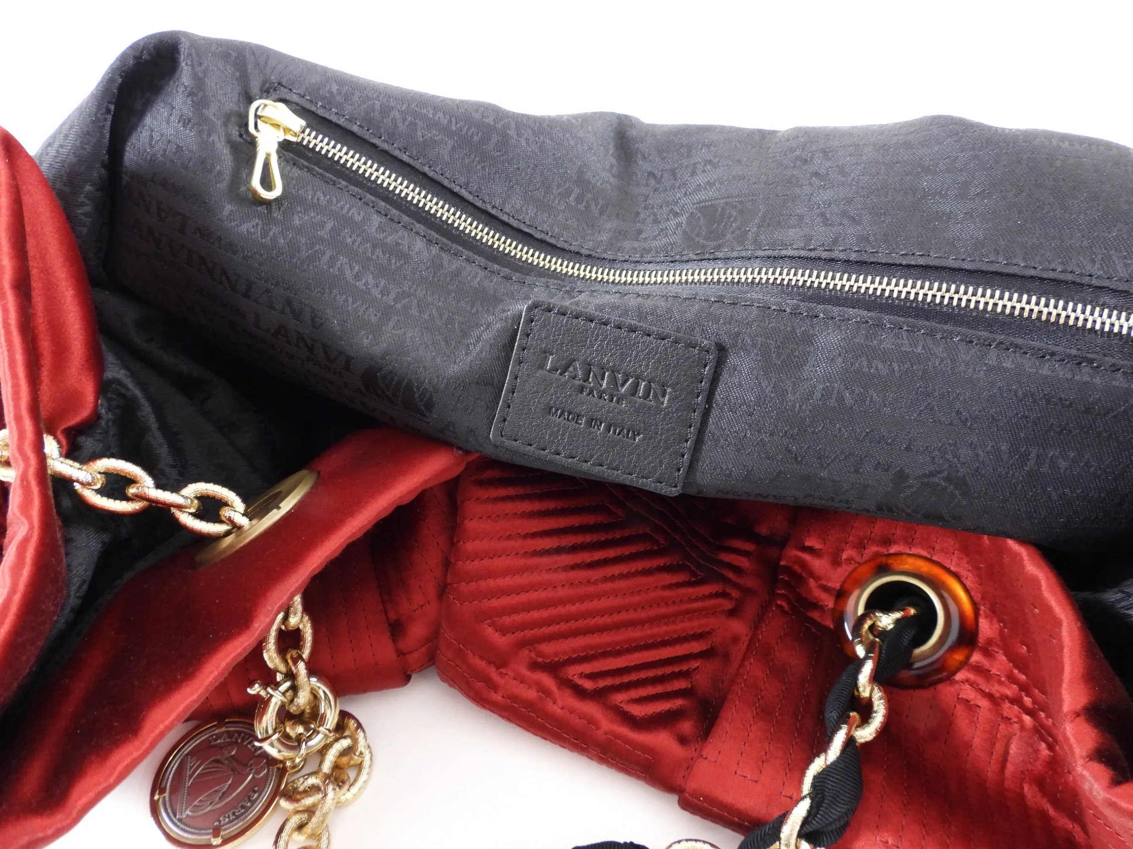 Lanvin Red Satin Quilted Chain Strap Tote Bag