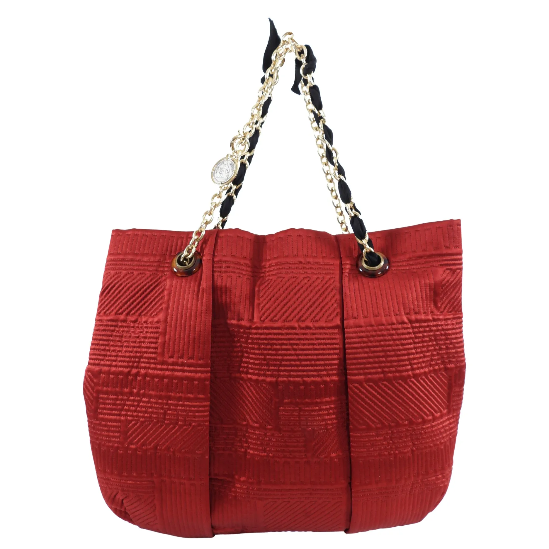 Lanvin Red Satin Quilted Chain Strap Tote Bag