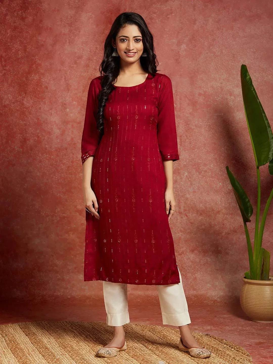Maroon Embroidered Rayon Straight Kurta